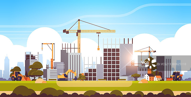 带起重机和拖拉机的现代建筑工地图片素材