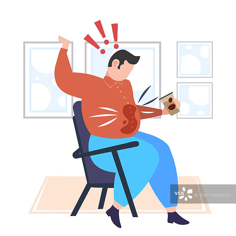 胖男人把咖啡洒在衬衫上图片素材