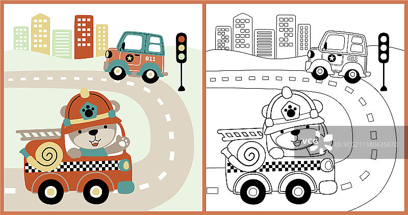 卡通救援队与可爱消防员着色图片素材