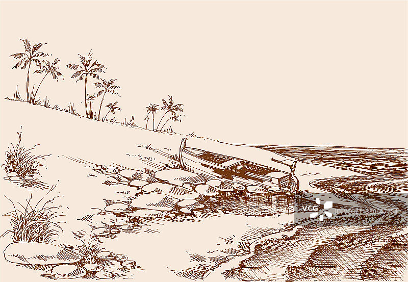 夏末空旷的海滩小船绘画图片素材