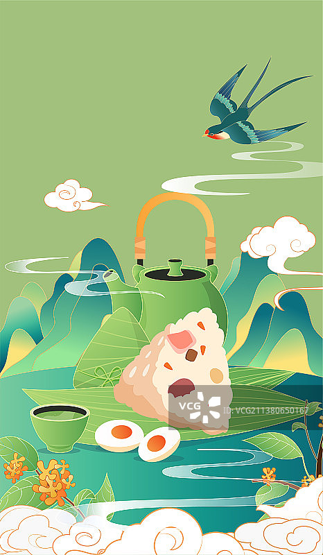 端午节山水插画图片素材