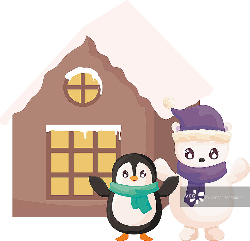 企鹅、北极熊与家庭房屋图片素材
