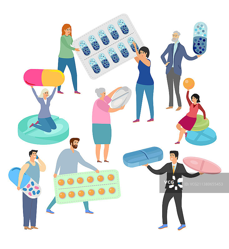 人物角色拿着药片和平板电脑图片素材