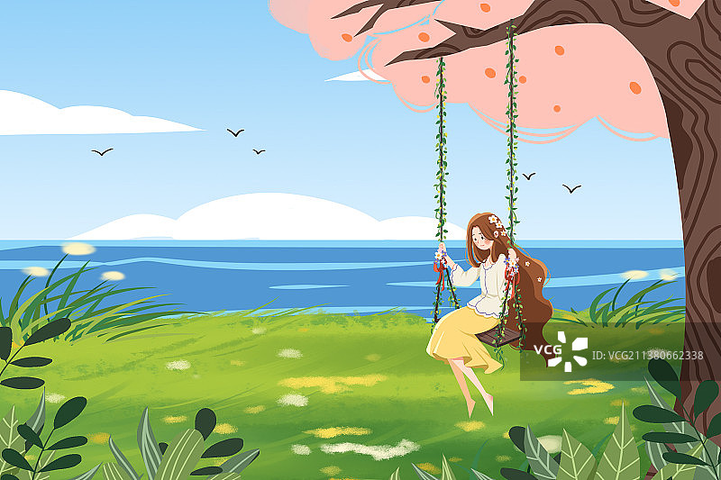 湖边的秋千少女图片素材