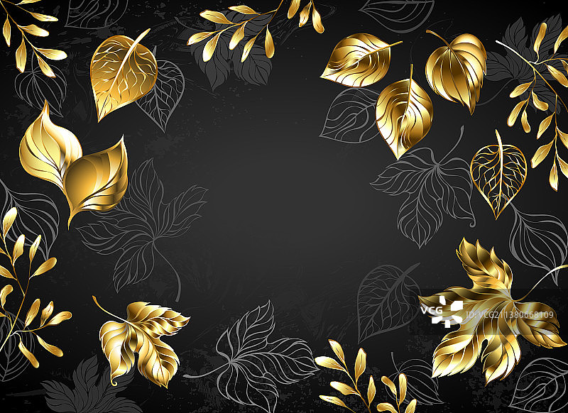 黑色背景上的金色树叶图片素材