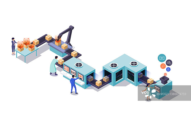 在传送带上包装盒子的2.5D员工图片素材