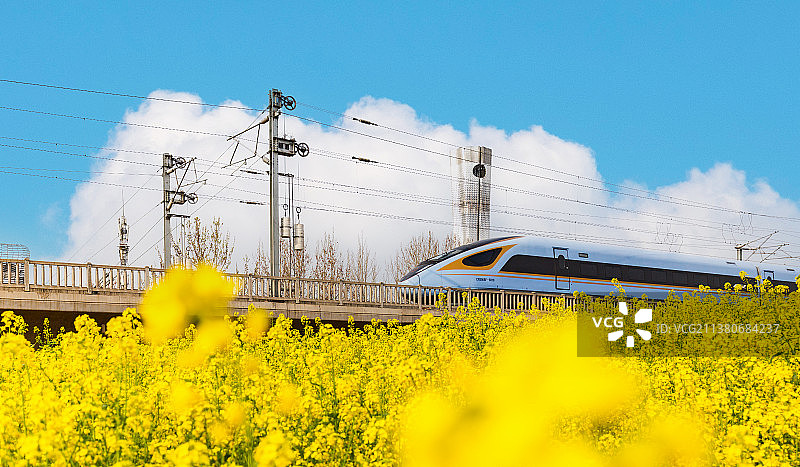 河南郑州开封郑开城际铁路高铁轻轨穿越油菜花田与河南省科技馆春季户外风光图片素材
