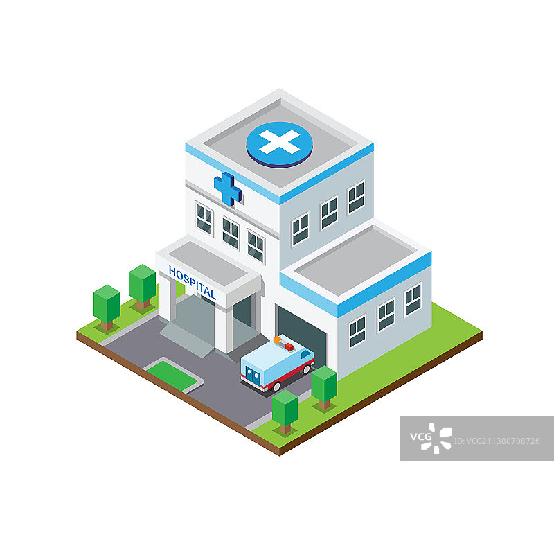 带有救护车的医院大楼2.5D图图片素材