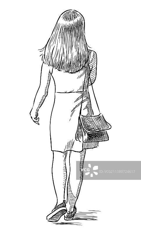 夏季少女街头漫步速写图片素材