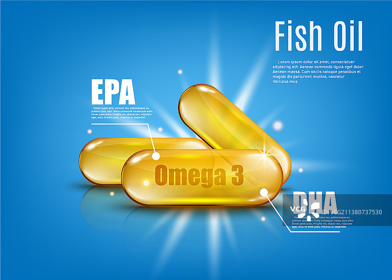 含EPA和DHA的Omega-3鱼油 - 金色胶囊图片素材