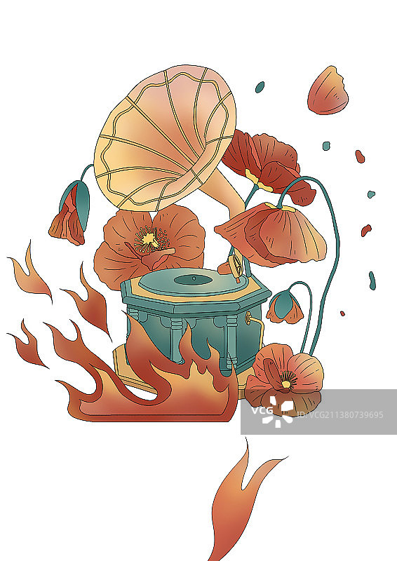 中国风留声机与花和火插画元素图片素材