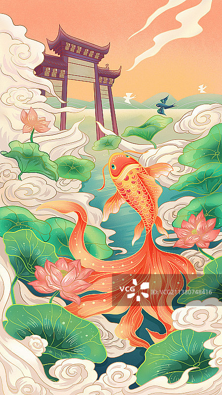 鲤鱼跃龙门国风吉祥插画图片素材
