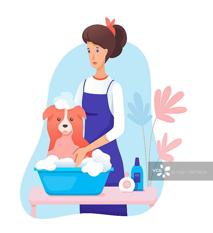 围裙宠物美容师给狗洗澡卡通图片素材