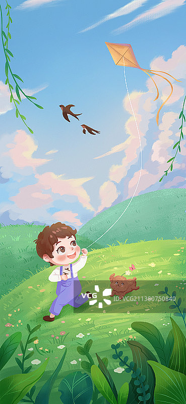 孩子与狗狗放风筝肌理风插画图片素材