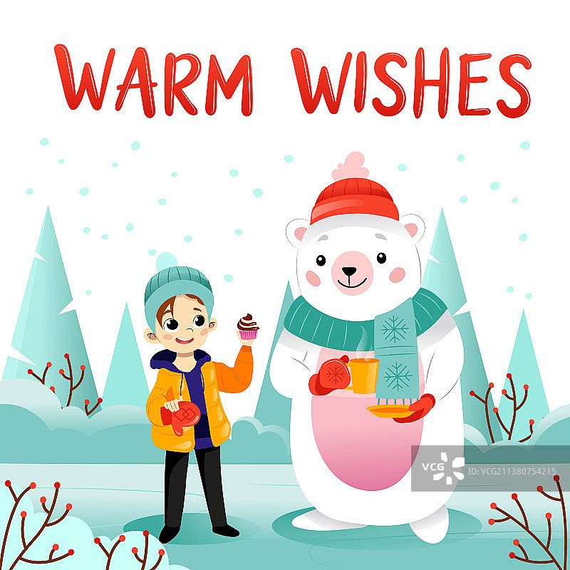 拿着热茶和纸杯蛋糕的卡通女孩北极熊图片素材