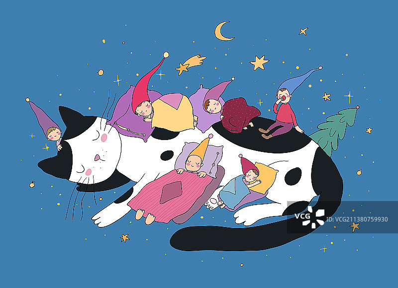 熟睡的可爱小矮人和猫图片素材