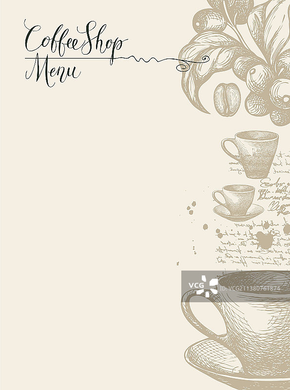 带咖啡杯、咖啡豆和树枝的咖啡店菜单图片素材