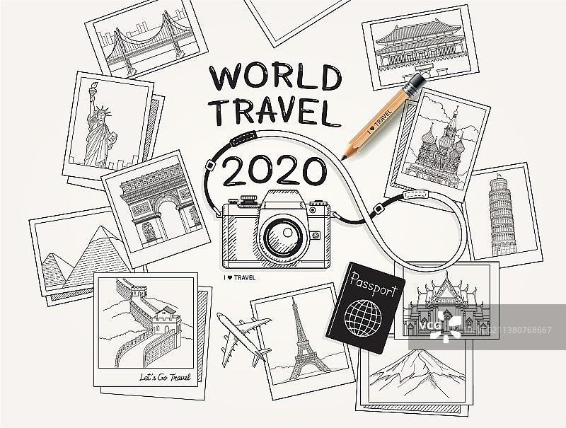 2020世界旅行概念相机与地标图片素材