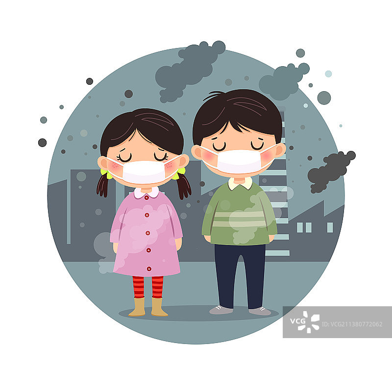 孩子们在城市里戴着防雾霾口罩图片素材