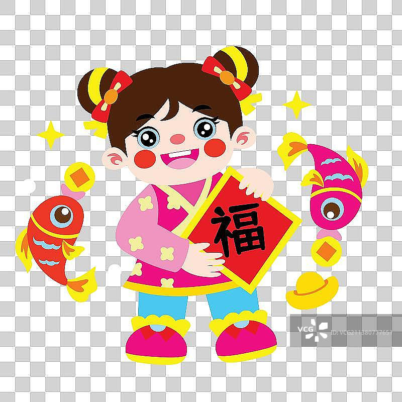 新年春节抱福的女孩元素图片素材
