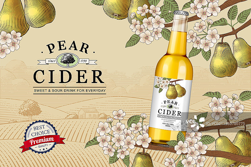 复古木刻风梨酒广告图片素材