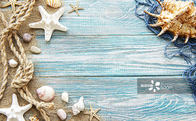 俯视角度拍摄的桌上贝壳照片图片素材