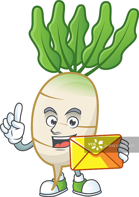 快乐的白萝卜吉祥物卡通与信封图片素材