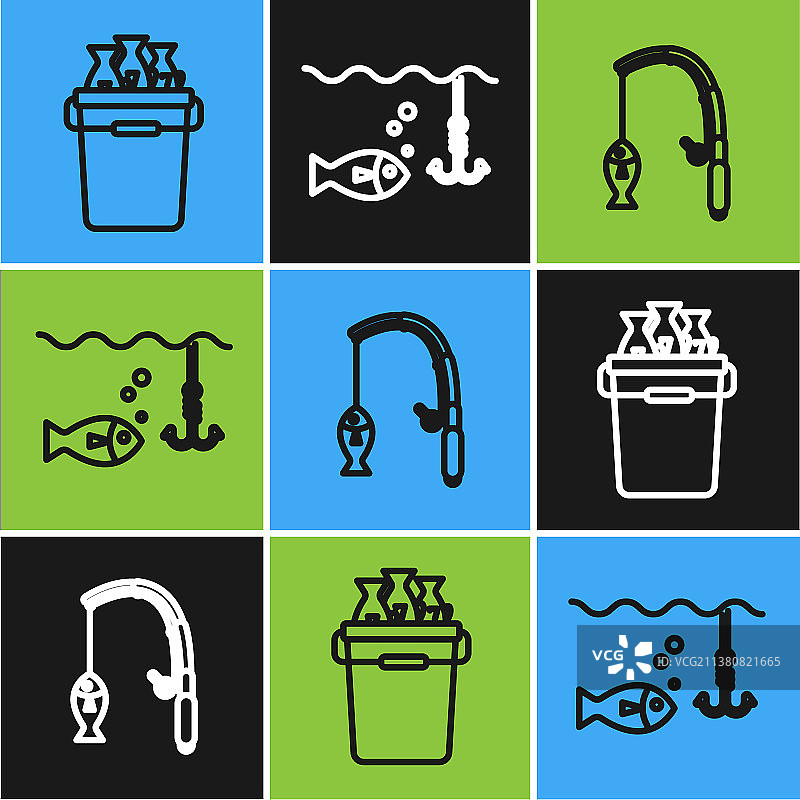 鱼线、带鱼的渔具桶和钓鱼竿图片素材