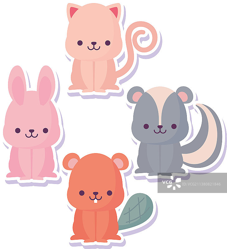 可爱兔子海狸臭鼬和猫卡通图片素材