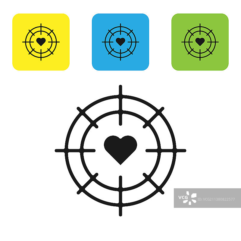 黑色心脏在飞镖靶中心，瞄准图标图片素材