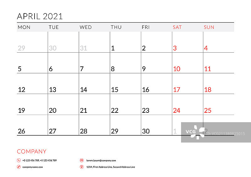 2021年4月月度日历计划表（可打印）图片素材