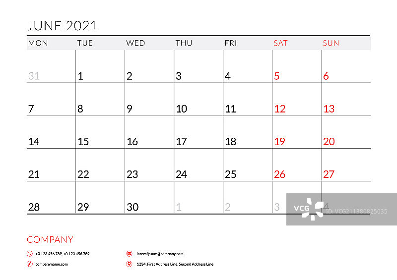 2021年6月月度日历计划表（可打印）图片素材