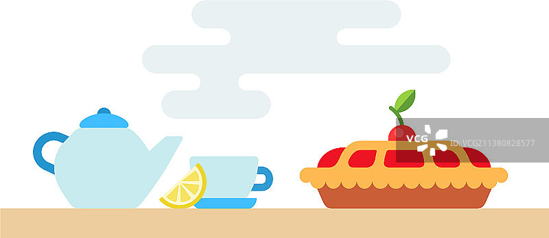 茶具和樱桃派图标（扁平风格）图片素材