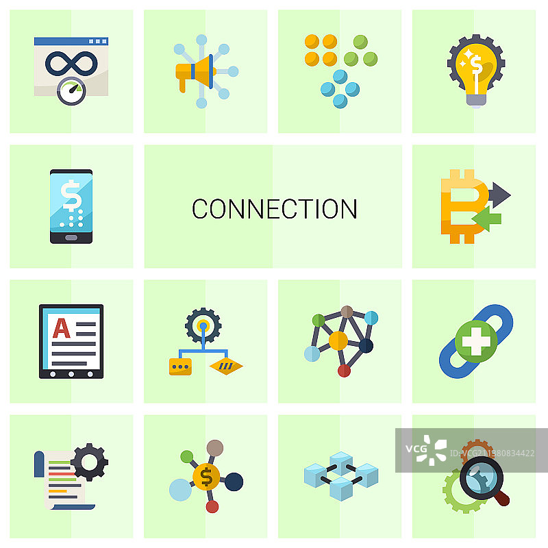 14个连接扁平风格图标集，白色背景图片素材