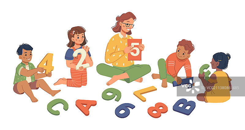 幼儿园老师和孩子们一起上课图片素材