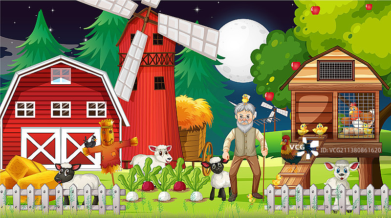 夜间农场：老农和农舍图片素材