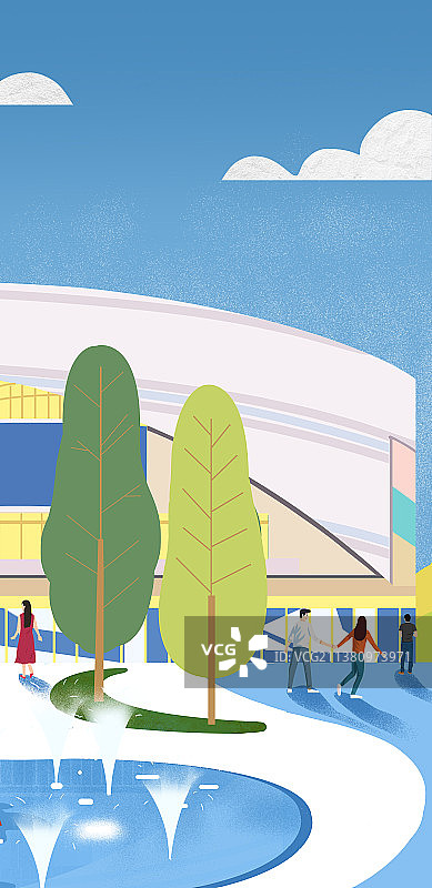 城市户外生活商场门口环艺景观带喷泉逛街购物蓝天白云背景插画图片素材
