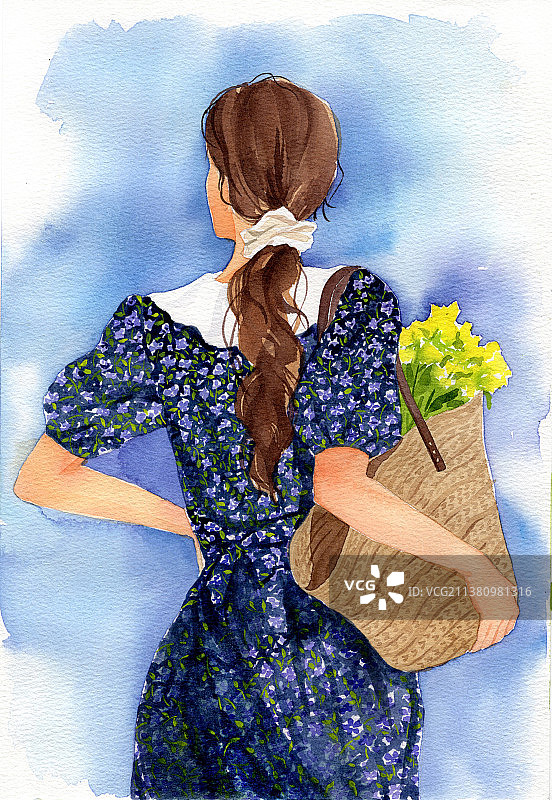 少女背影插画水彩人物插画图片素材