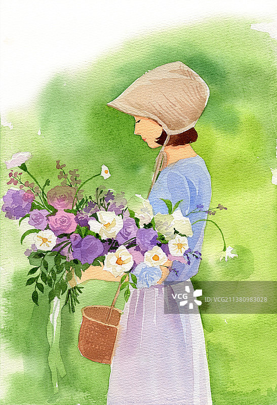 清新少女插画水彩人物插画女孩图片素材