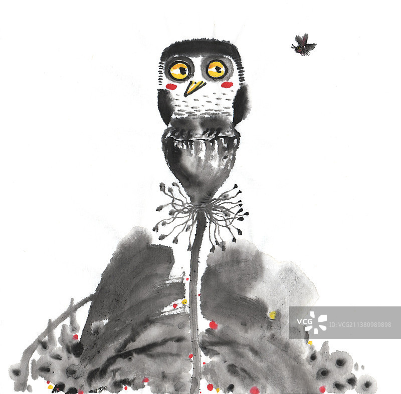 国画水墨插画 站在莲蓬上的萌鸟图片素材