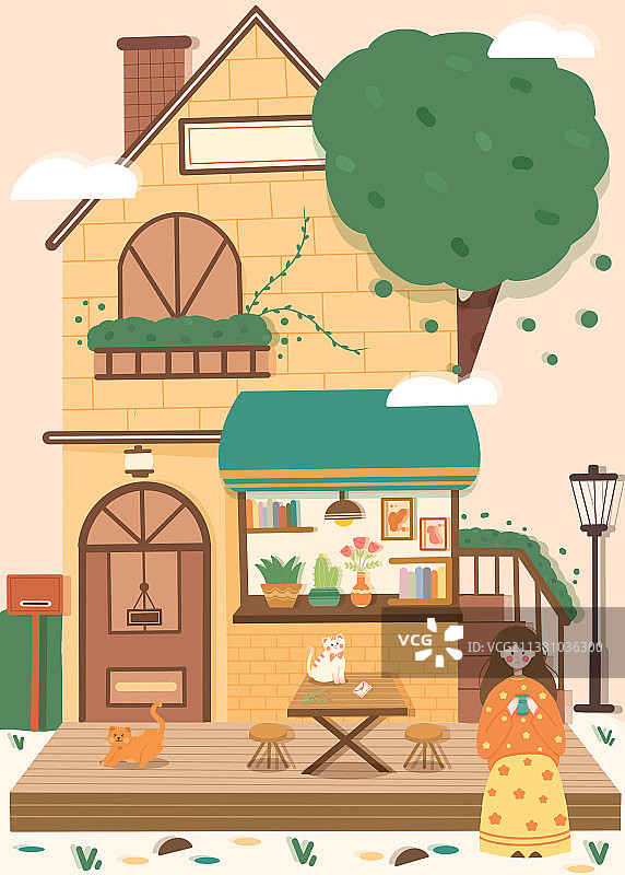 女孩居家别墅扁平风可爱插画图片素材