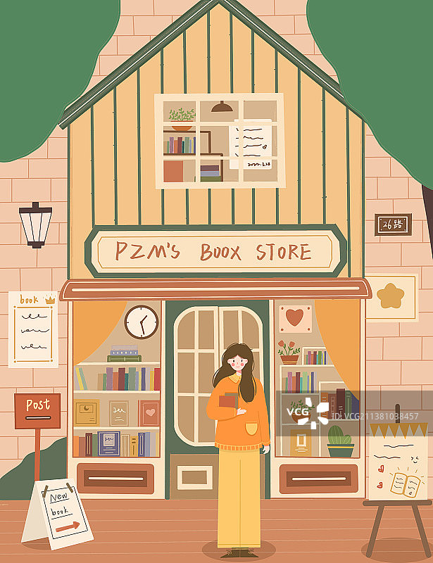 去书店买书的女孩扁平风治愈插画图片素材