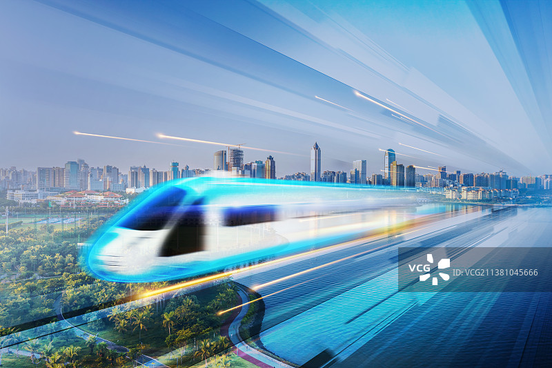 海南岛海口市国贸CBD自由贸易港行驶中的高铁科技背景图片素材