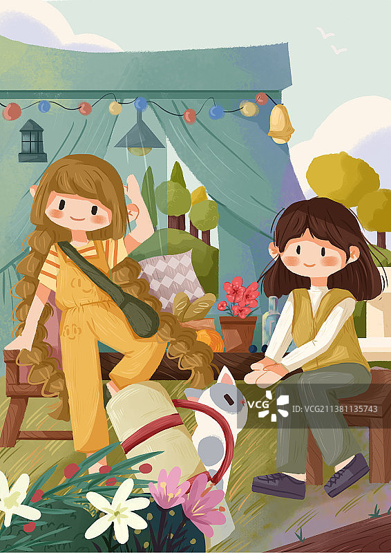 一起来露营吧 原创场景插画 扁平肌理风插画 儿童插画 可爱图片素材