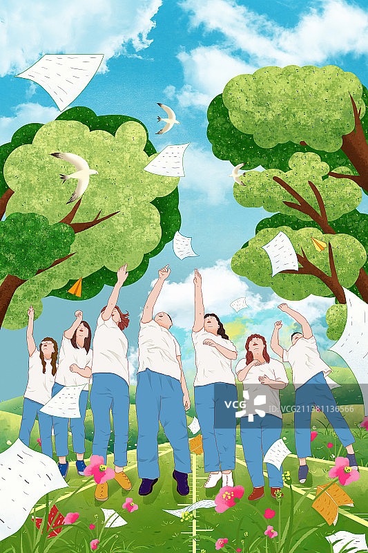 一群高考结束后的年轻人抛洒着卷子 青春不散场图片素材