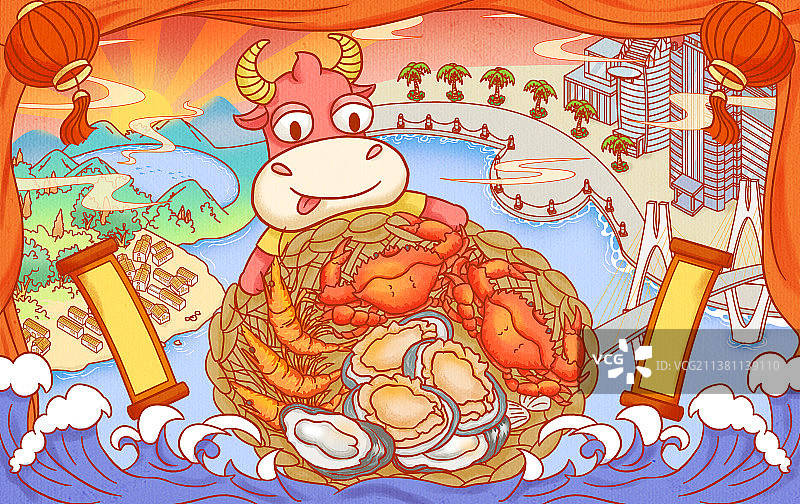 年货家乡特产插画海鲜蟹虾鲍鱼生蚝海产品图片素材