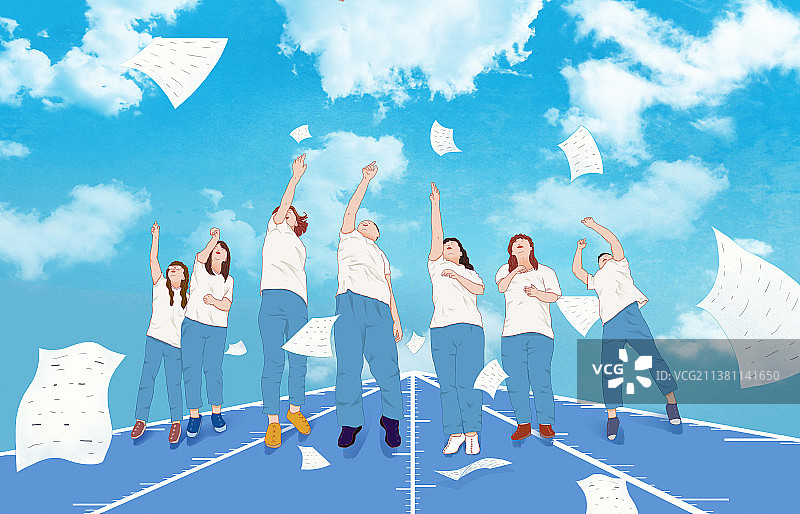 一群高考结束后的年轻人抛洒着卷子 青春不散场图片素材