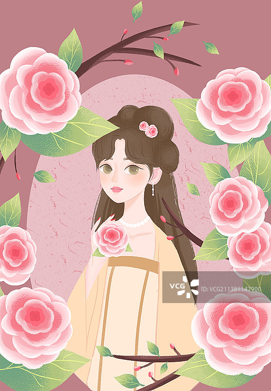 新中式包装插画山茶花女孩图片素材