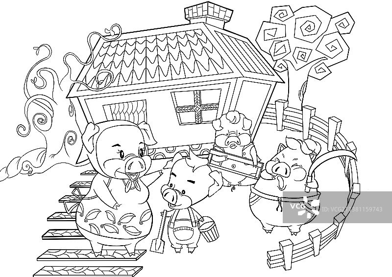 绘本三只小猪睡懒觉打水贪吃性格摔倒吃惊图片素材