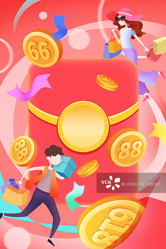 图库任务618促销红包金币购物时尚女郎男士白领购物袋礼盒促销插画商业图片素材